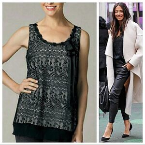 Cabi Womens #552 Emily Black Lace Overlay Bow Sleeveless Top Blouse L